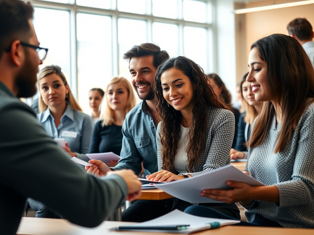 Bir grup öğrenci, bir eğitim semineri sırasında eğitmenleriyle etkileşimde bulunuyor. Katılımcılar not alıyor ve eğitim materyalleriyle ilgileniyor.